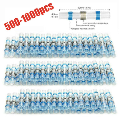 500/1000PCS Wasserdichte Solder Dichtung Hülse Splice Terminal Verzinnte Kupfer Schrumpf Elektrische Draht Butt Stecker AWG16-14 Blau