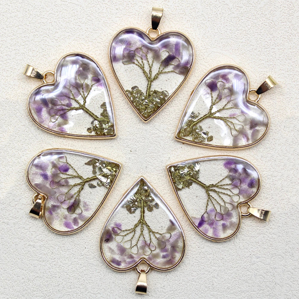 12 Stück Mix Stein Amethyst Lapislazuli Kristall Herz Lebensbaum Anhänger für DIY Herstellung Naturstein Halskette Ohrring Zubehör