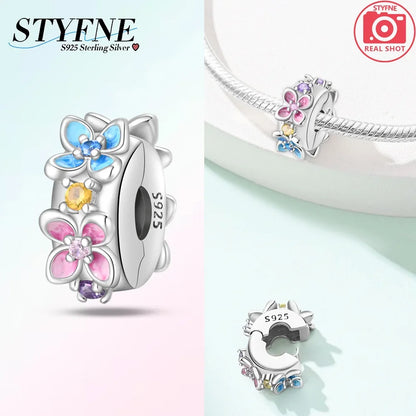 925er Silber eingelegte Zirkoniumblumen, vierblättriges Kleeblatt, Federn, Liebesbox-Clip, Charms, Abstandsperlen, passend für Armbänder, DIY-Schmuckmarkierung