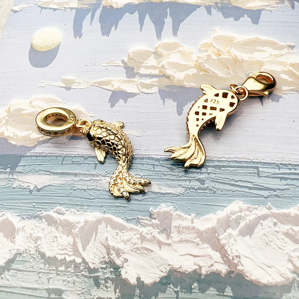 Goldener Koi-Anhänger im europäischen Stil, hochwertiges Sterlingsilber 925, Perlen, Glücksgeschenk für Damen und Herren