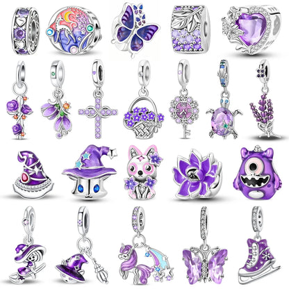 Charm-Anhänger aus 925er-Sterlingsilber mit eingelegten herzförmigen Perlen und Rosen-Anhänger, passend für Schlangenarmband, Boutique-Halskette, lila Anhänger, Geschenk