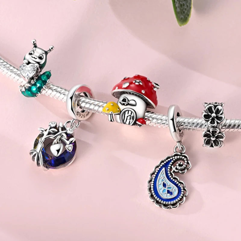 Frühling Charms Perlen Anhänger 925 Sterling Silber Blume Schmetterling Libelle Pilz Charms Fit Armband Frau Mann DIY Schmuck