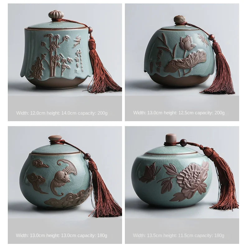 Hand-carved lotus celadon ash pet urn, dog and cat cremation urns, ceramic urns, sealed jar, funeral memorial art, large size