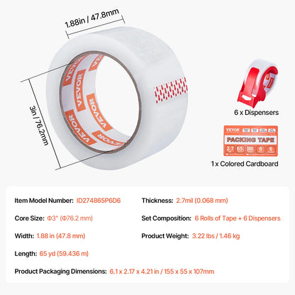 VEVOR Transparentes Packband, 76,2 mm Kern, 6er-Set 47,8 mm x 59,436 m Paketklebeband mit Spender, 0,068 mm Hochleistungs-Klebeband Ideal für Umzüge, Lagerung und Verpackung, Versand und Postversand
