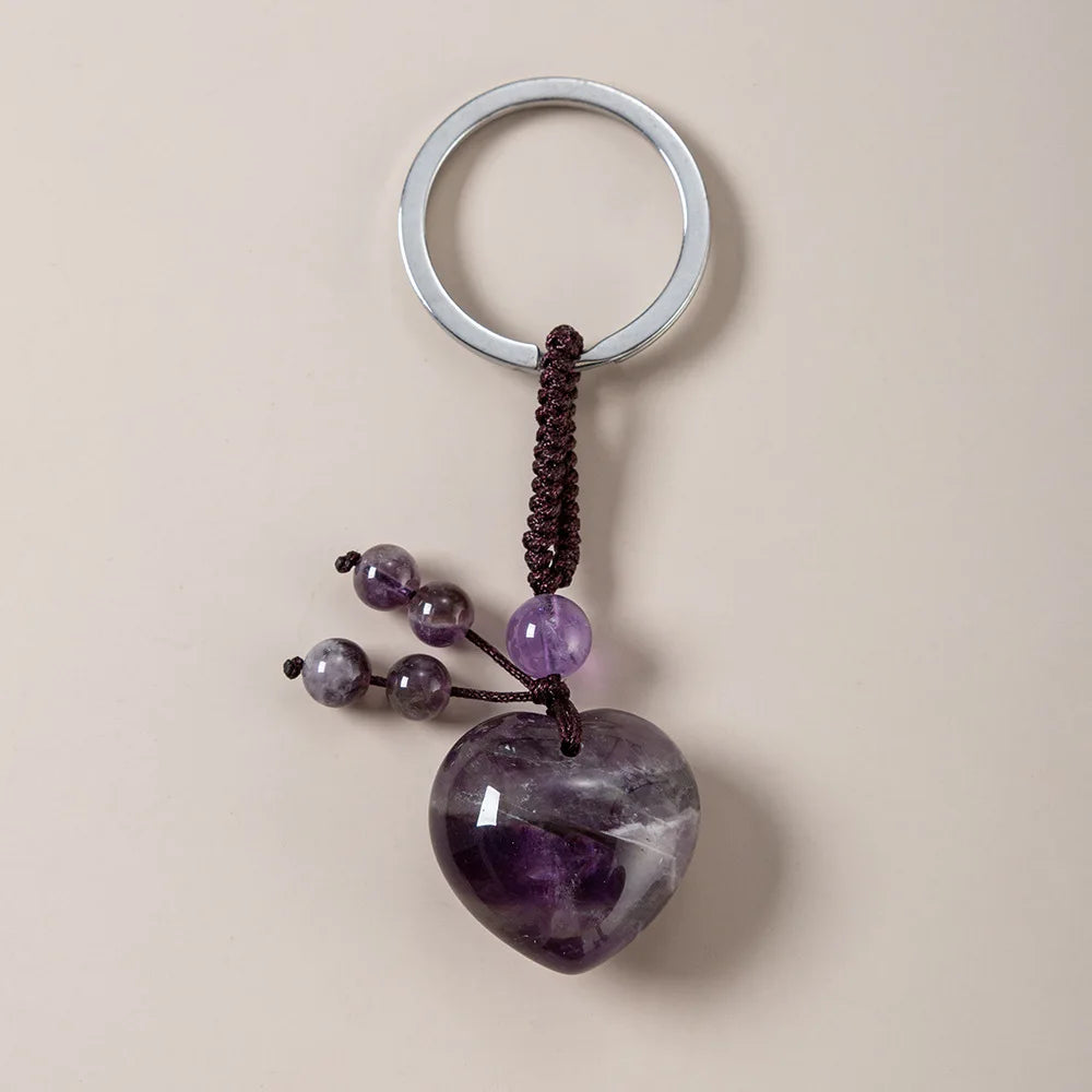 1PC Naturstein Herz Schlüsselanhänger Heilkristall Stein Rosenquarz Schmuck Quaste Schlüsselanhänger Taschenanhänger für Handtaschen