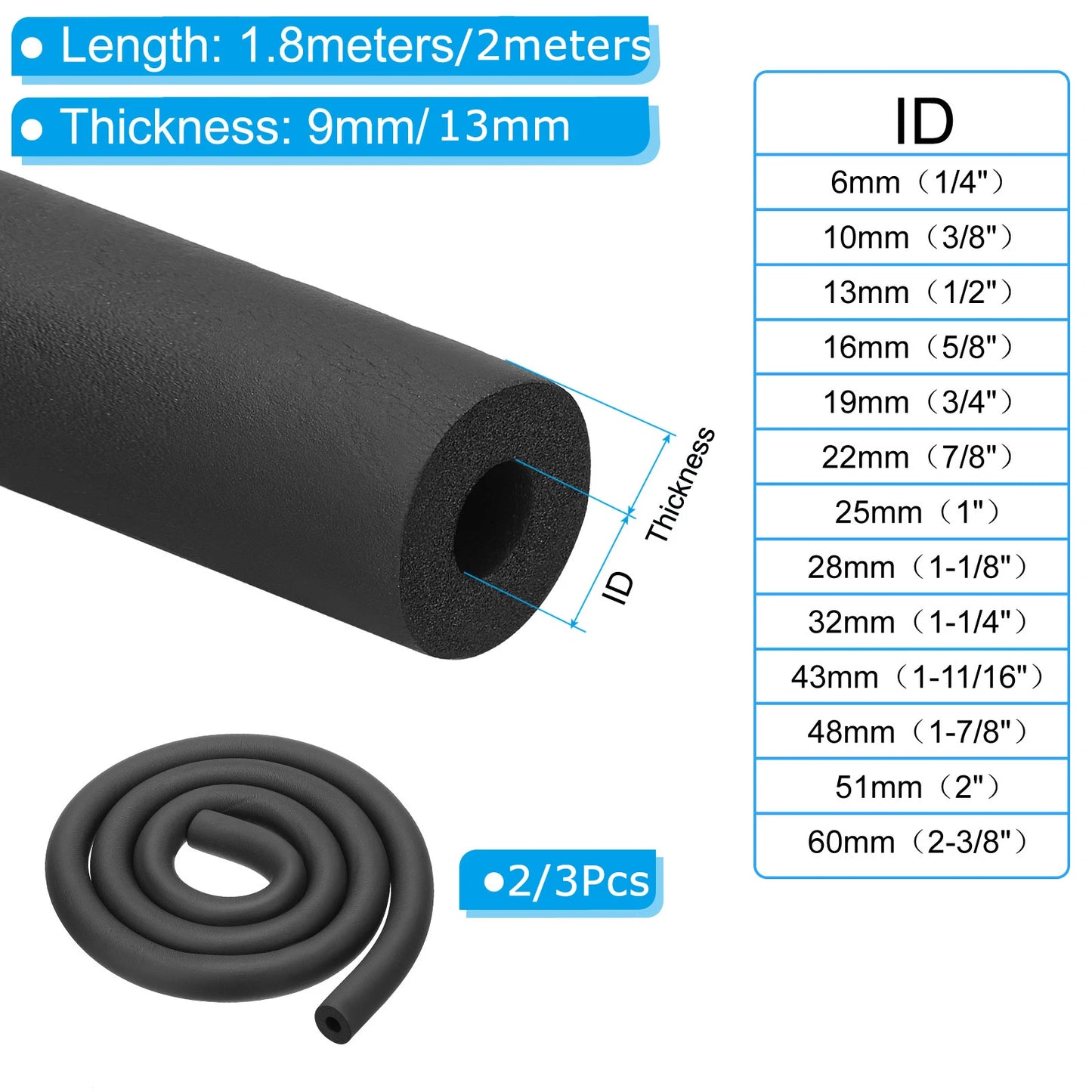 Uxcell 1/2/3 Stück 1,8 m/2 m Rohrisolierung Schaumstoffrohr Rohrabdeckung Wrap Roll Bar Polsterschlauch für Griffgriff HVAC Klimaanlage