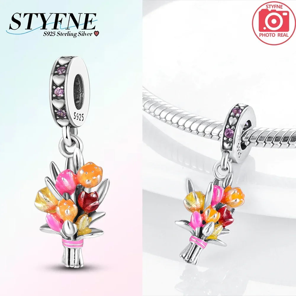 Romantische elegante Blumen-Charms aus 925er Silber, Sonnenblume, Tulpe, Rose, Nelke, Anhänger, passend für Original-Armbänder, DIY-Herstellung von Schmuck, Geschenken