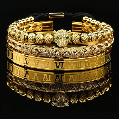 Luxus Schwarz Stein Perlen Leopard Kopf Mann Armband Emaille Edelstahl Römischen Armreifen Frauen Schmuck Set