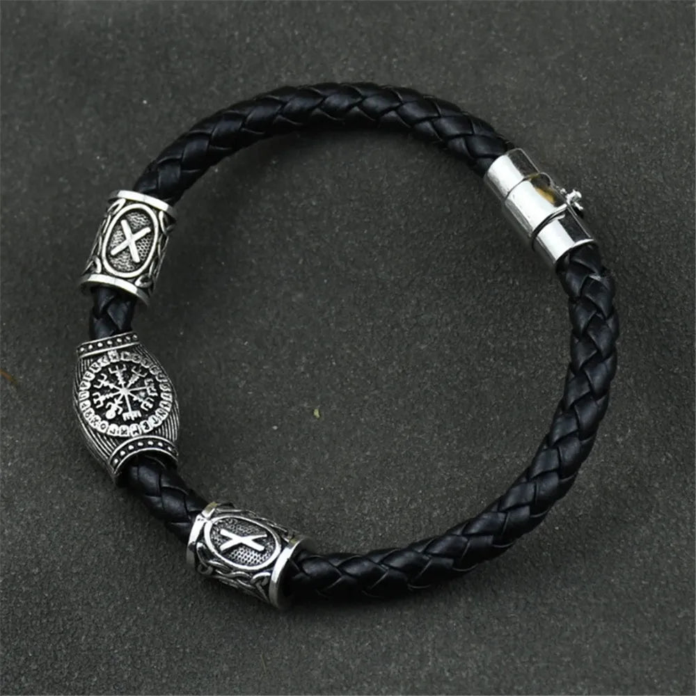 Mkendn Wikinger Accessoires Runen Perlen DIY Schmuck Herren Damen Wikinger Leder Armreifen mit Charms Bart Perlen