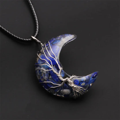 Natürliche Kristall Mond Anhänger Halskette Baum des Lebens Amethyst Reiki poliert Mineral Schmuck Heilstein für Männer Frauen Schmuck