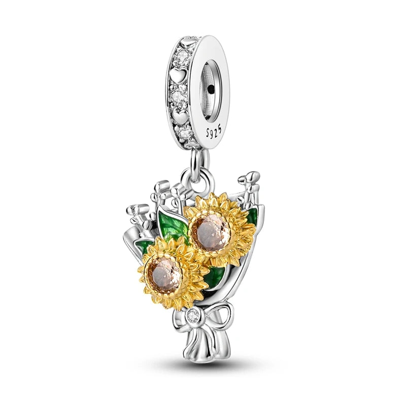 Blumen-Charms aus 925er Silber, Sonnenblumen-Tulpen-Anhänger, passend für Original-Pan-Armbänder zur Herstellung von Schmuck