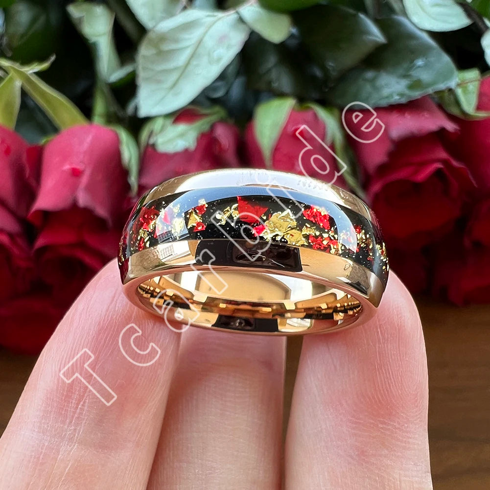 Dropshipping 6mm 8mm 18k Gold Farbe Kuppel Ehering Schöner Wolframkarbid Ring mit roter und Goldfolieninlage Comfort Fit