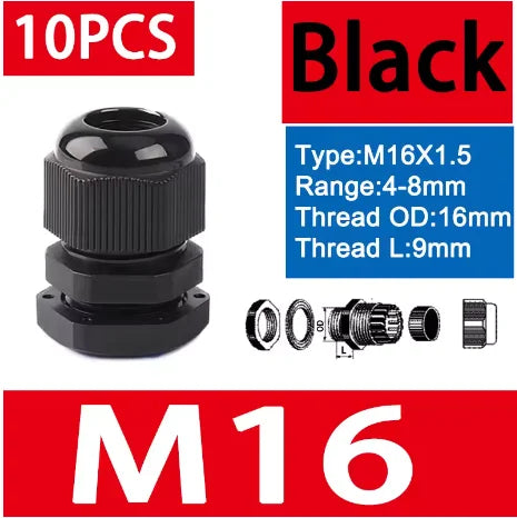 10 Stück wasserdichte Kabelverschraubungen M8-M40, schwarze Kunststoff-Dichtungsverbindungen, IP68, Nylon-Stecker, Gummi-Kabelverschraubung für verschiedene Größen