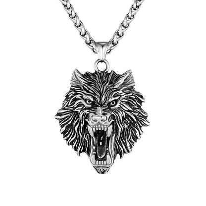 Punk Vikings Wolf Head Necklaces Stainless Steel Vintage Nordic Odin's Wolf Pendant Amulet Men Charm Genuine Leather Rope Jewelry