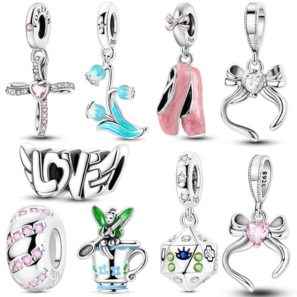 Original 925 Sterling Silber Goldene Haustiere Charms Perle Bunte Zirkonium Klee Engel Herz Baumeln Fit Armband DIY Schmuck Geschenk