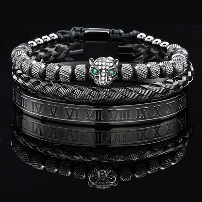 Luxus Schwarz Stein Perlen Leopard Kopf Mann Armband Emaille Edelstahl Römischen Armreifen Frauen Schmuck Set