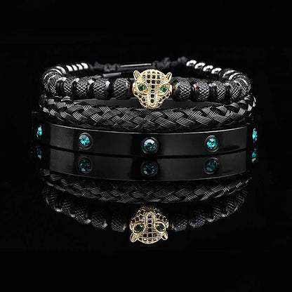 Luxus Schwarz Stein Perlen Leopard Kopf Mann Armband Emaille Edelstahl Römischen Armreifen Frauen Schmuck Set