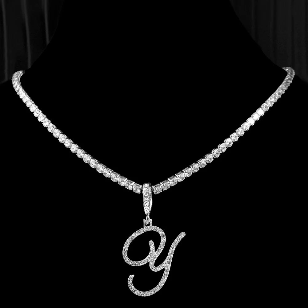 Neue Kursive Buchstaben Kubische Zirkonia Kette Initialen Namenskette Hip-Hop Schmuck Gold Silber Farbe CZ 26 Alphabet Anhänger Halsketten