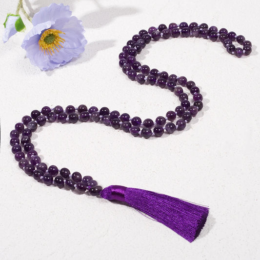 8mm Natürliche Amethyst-Perlen Geknotete 108 Japa Mala Gebetskette Meditations-Gebets-Yoga-Schmuck für Männer und Frauen