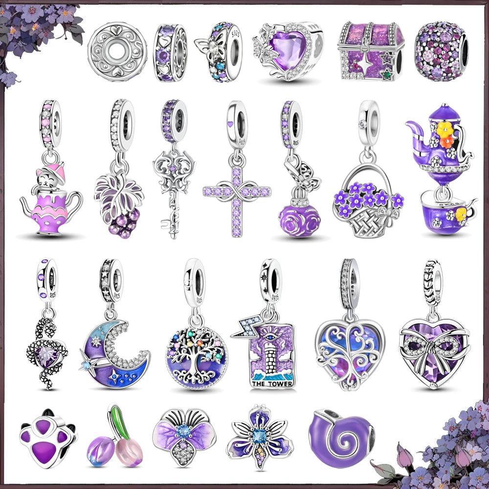 Lila Serie 925 Sterling Silber Traubenblüten Weinflasche Lebensbaum Tulpen Schnur-Dekoration Passend für DIY Armband Halskette Geschenk