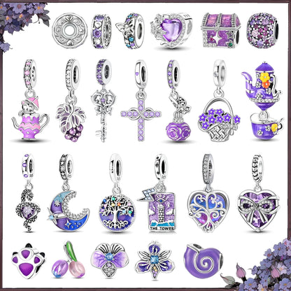 Lila Serie 925 Sterling Silber Traubenblüten Weinflasche Lebensbaum Tulpen Schnur-Dekoration Passend für DIY Armband Halskette Geschenk