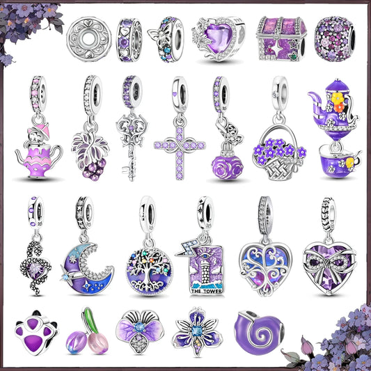 Lila Serie 925 Sterling Silber Traubenblüten Weinflasche Lebensbaum Tulpen Schnur-Dekoration Passend für DIY Armband Halskette Geschenk