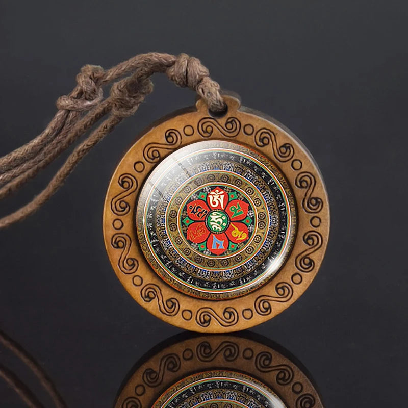 Mandala glass necklace, retro art, wooden pendant, Buddhist sacred geometry, jewelry, spiritual yoga gift