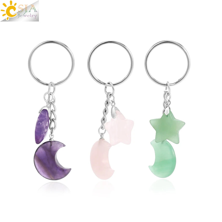 CSJA Healing Naturstein Schlüsselbund Trendy Mond Sterne Charm Bead Anhänger Silber Farbe Halter Schlüssel Ring Auto Schlüssel Ring Tasche Dekor H368