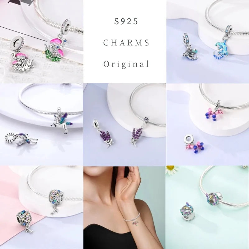 Gelber Sonnenblumen-Charm aus 925er Silber, Original-Zirkon, Kolibri, Einhorn-Charms, passend für Armbänder, DIY-Schmuck für Frauen, Hochzeitsgeschenk