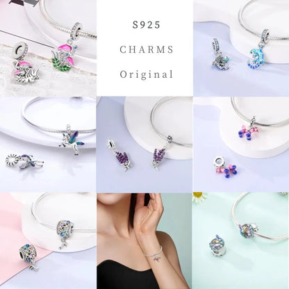 Gelber Sonnenblumen-Charm aus 925er Silber, Original-Zirkon, Kolibri, Einhorn-Charms, passend für Armbänder, DIY-Schmuck für Frauen, Hochzeitsgeschenk