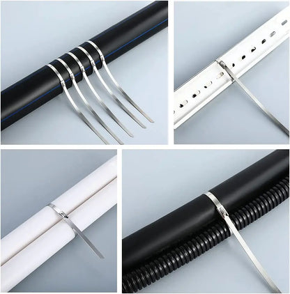 100 Stück 4,6 mm 7,9 mm 304 Edelstahl Metallkabelbinder Multifunktionale selbstsichernde Kabelbinder Reißverschluss-Auspufffolie beschichtete Verriegelung