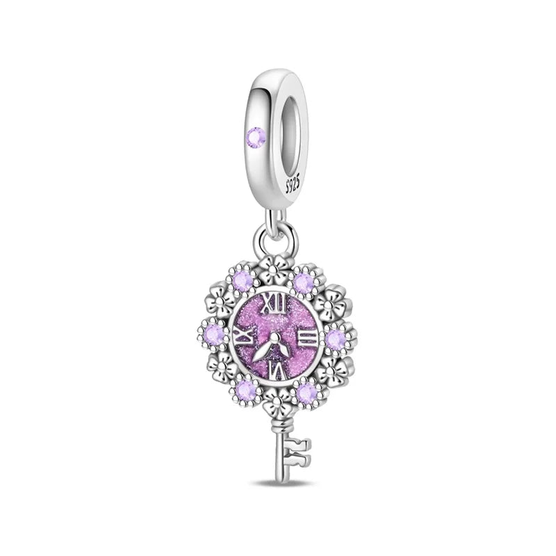 Charm-Anhänger aus 925er-Sterlingsilber mit eingelegten herzförmigen Perlen und Rosen-Anhänger, passend für Schlangenarmband, Boutique-Halskette, lila Anhänger, Geschenk
