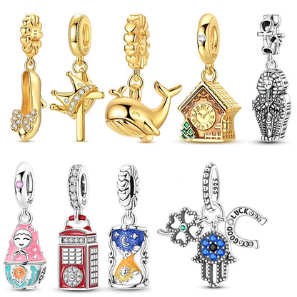 925 Silber Charms Perlen Goldenes Kreuz Krone Wal Kuckuck Uhr Anhänger Fit Original Armband Halskette Frauen Schmuck DIY Geschenke