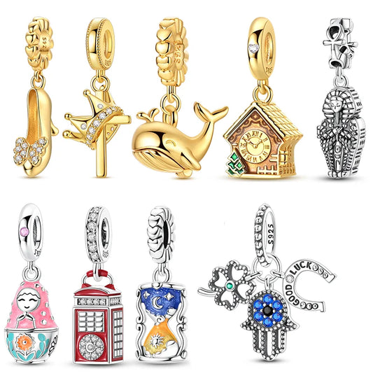 925 Silber Charms Perlen Goldenes Kreuz Krone Wal Kuckuck Uhr Anhänger Fit Original Armband Halskette Frauen Schmuck DIY Geschenke