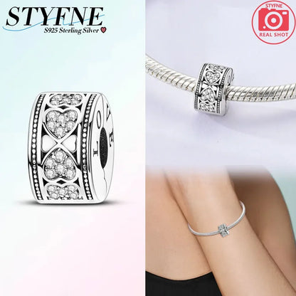 925er Silber eingelegte Zirkoniumblumen, vierblättriges Kleeblatt, Federn, Liebesbox-Clip, Charms, Abstandsperlen, passend für Armbänder, DIY-Schmuckmarkierung