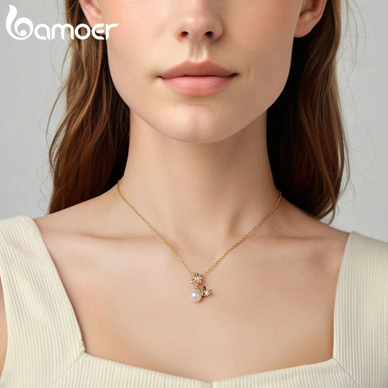 Bamoer 925 Sterling Silber Herbst Gold Blätter Charms Glück Vierblättriges Kleeblatt Spinning Anhänger für Frauen Armband DIY Schmuck Geschenk
