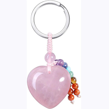 Natürlicher Rosenquarz-Herz-Kristall-Schlüsselanhänger, 7-Chakra-Heilstein, Schlüsselanhänger, Charm für Frauen und Mädchen