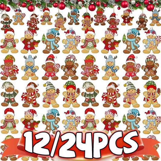 12/24 Stück Lebkuchenmann Holzornamente Weihnachtsbaum hängende Anhänger 2025, Weihnachtsfeier, Heimdekoration, Kinder, DIY-Geschenkanhänger