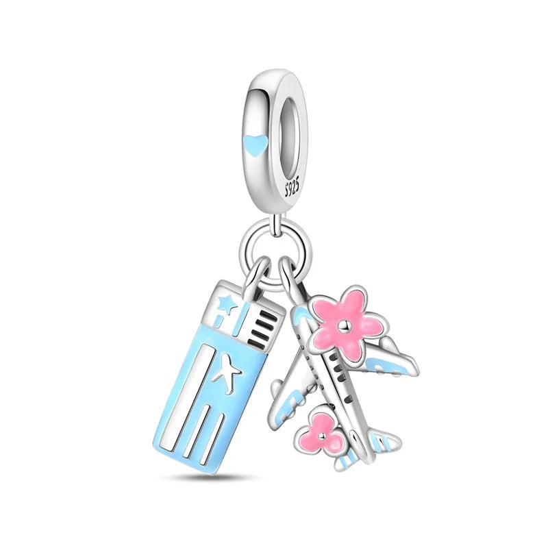 Blaue Serie 925er Sterling Jungfrau Maria Schleife Chamäleon Tanzschuhe Flugzeug Ticket Charm passend für DIY Armband Halskette süße Geschenke