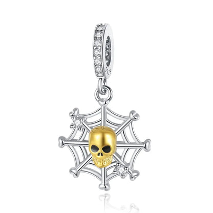 Atemberaubender Geisterrosen-Perlen aus 925er-Sterlingsilber und Spinnen-Seidenschädel-Anhänger, passend für Armbänder, Halloween-Anhänger, Accessoires, Geschenke