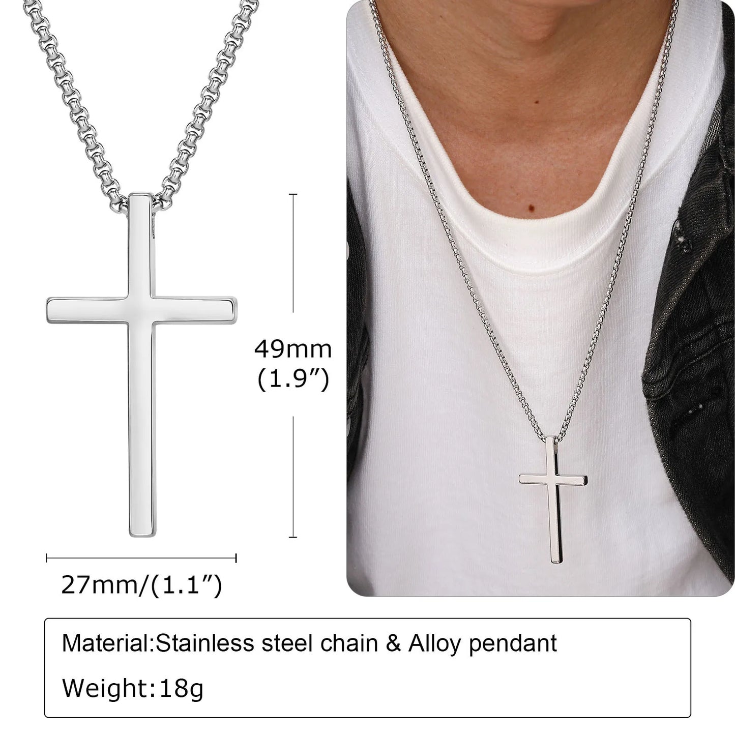 Vnox Cross Necklace for Men and Women, Silver Tone Simple Cross Pendant Collar with Stainless Steel Box Chain