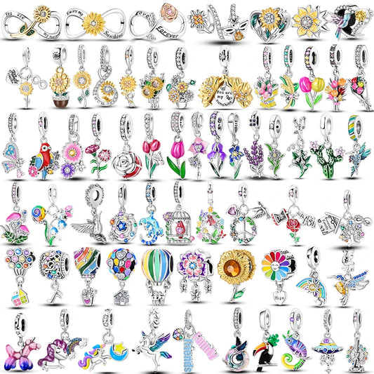 Gelber Sonnenblumen-Charm aus 925er Silber, Original-Zirkon, Kolibri, Einhorn-Charms, passend für Armbänder, DIY-Schmuck für Frauen, Hochzeitsgeschenk