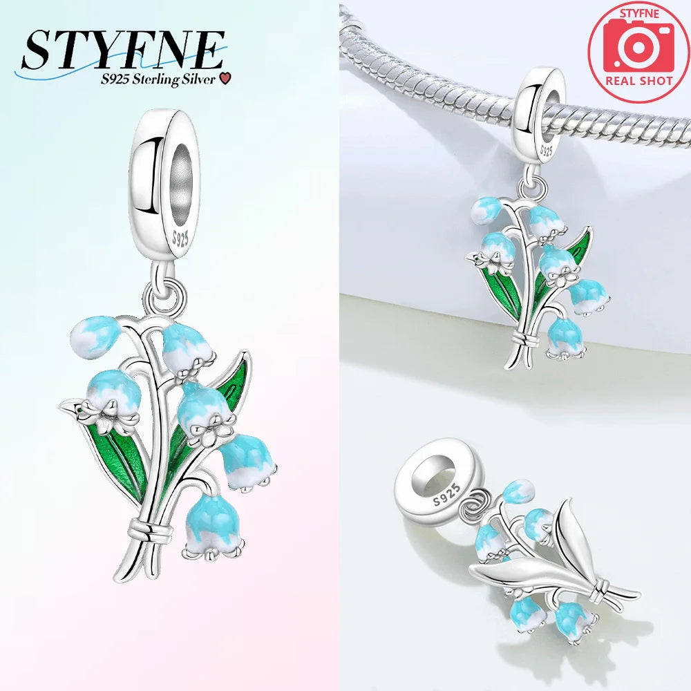 Charms aus 925er Silber, Blumenserie, lila Iris, Lilie, rosa Lilie, Perlen-Anhänger, passend für Original-Armbänder, Modeschmuck, DIY-Frauen-Geschenke