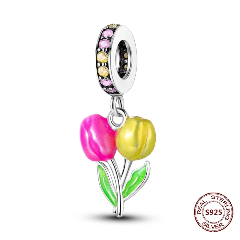 Gelber Sonnenblumen-Charm aus 925er Silber, Original-Zirkon, Kolibri, Einhorn-Charms, passend für Armbänder, DIY-Schmuck für Frauen, Hochzeitsgeschenk