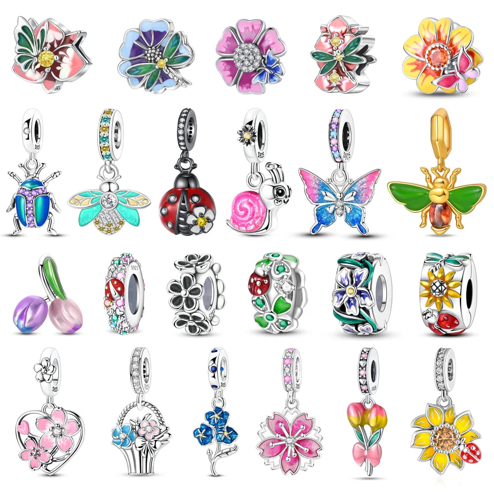 Bunter Schmetterlingsanhänger aus 925er-Sterlingsilber mit Blumen, Perlen, Käfer und Marienkäfer, passend für Armbänder, exquisite Anhänger-Geschenke