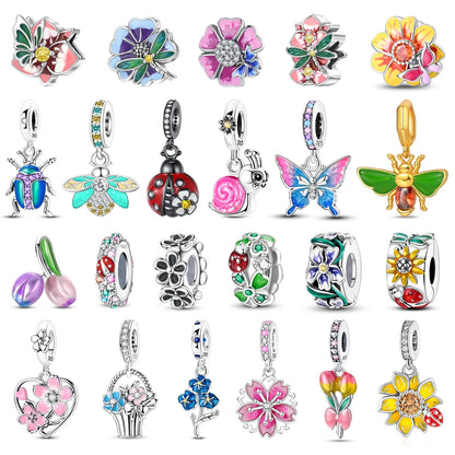 Bunter Schmetterlingsanhänger aus 925er-Sterlingsilber mit Blumen, Perlen, Käfer und Marienkäfer, passend für Armbänder, exquisite Anhänger-Geschenke