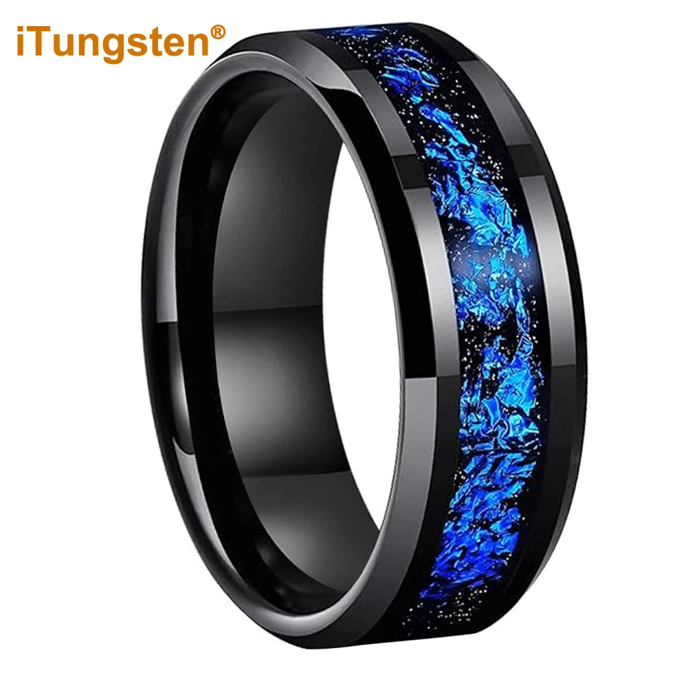 iTungsten 8 mm schwarze/silberne Wolfram-Eheringe für Männer und Frauen mit blauen Folien, abgeschrägte Kanten, polnisch, glänzend, bequeme Passform