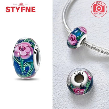 Echtes Sterlingsilber 925, Blumen-Charms, Glas, neue Original-Perle, bunt, Murano, passend für Original-Armbänder, DIY für Frauen, Schmuck, Geschenke