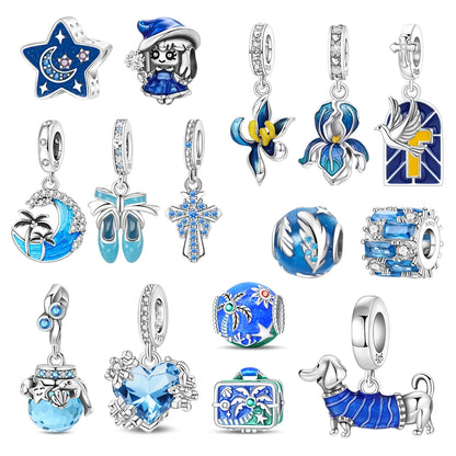 Blue Series Charm-Anhänger aus 925er-Sterlingsilber, Dackel-Feder, Meer, Kokosnussbaum, Stern, Hexe, passend für DIY-Armbänder, Halsketten, Partygeschenke