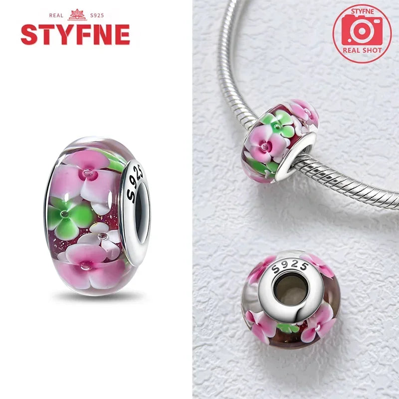 Echtes Sterlingsilber 925, Blumen-Charms, Glas, neue Original-Perle, bunt, Murano, passend für Original-Armbänder, DIY für Frauen, Schmuck, Geschenke